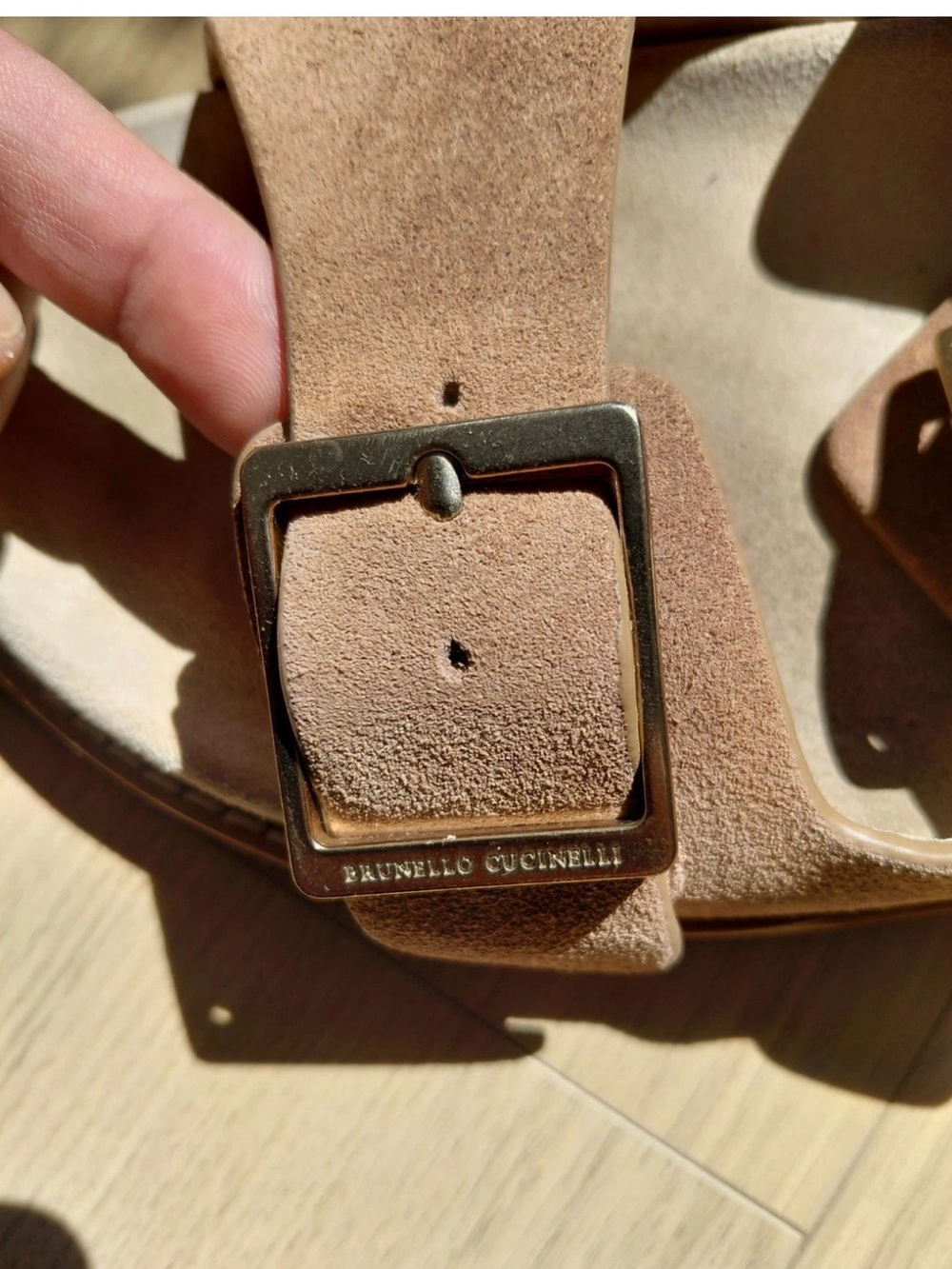 Brunello Cucinelli Taupe Suede Double-Buckle Slide Sandals - Picture 6 of 8
